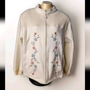 Alfred Dunner Womens White Cream Soft Embroidered Fleece Zip Up Jacket Size M